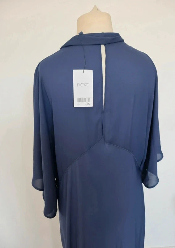 Next Navy Blue Maxi Dress Size 20 Cowl Neck Flared Sleeve Sheer Panel Dress NWT