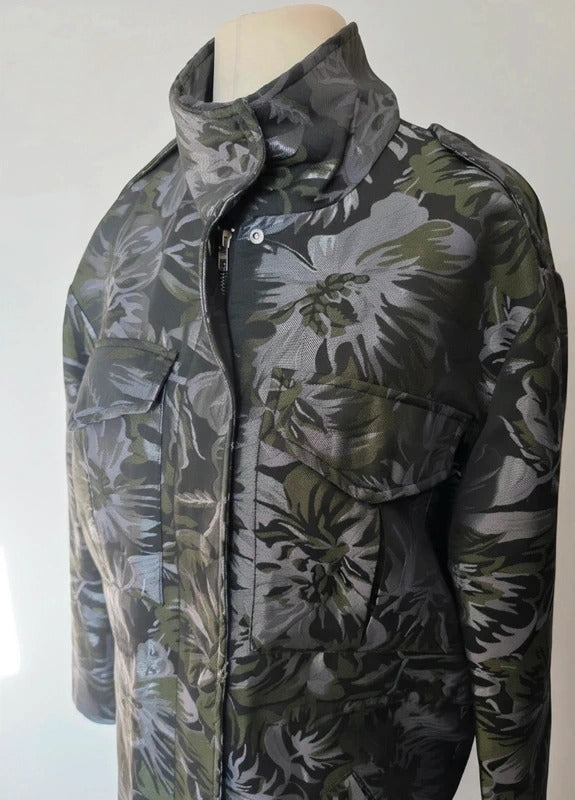 Next Black Green Silver Metallic Floral Print Jacket 12 Longline Zip Up Coat