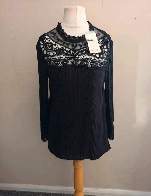 Monsoon Black Beaded High Neck Blouse Size 12 NWT