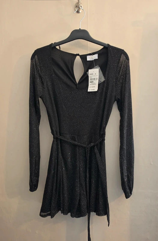 Quiz Black & Silver Sparkle Long-Sleeved Flared Playsuit Size 8 New
