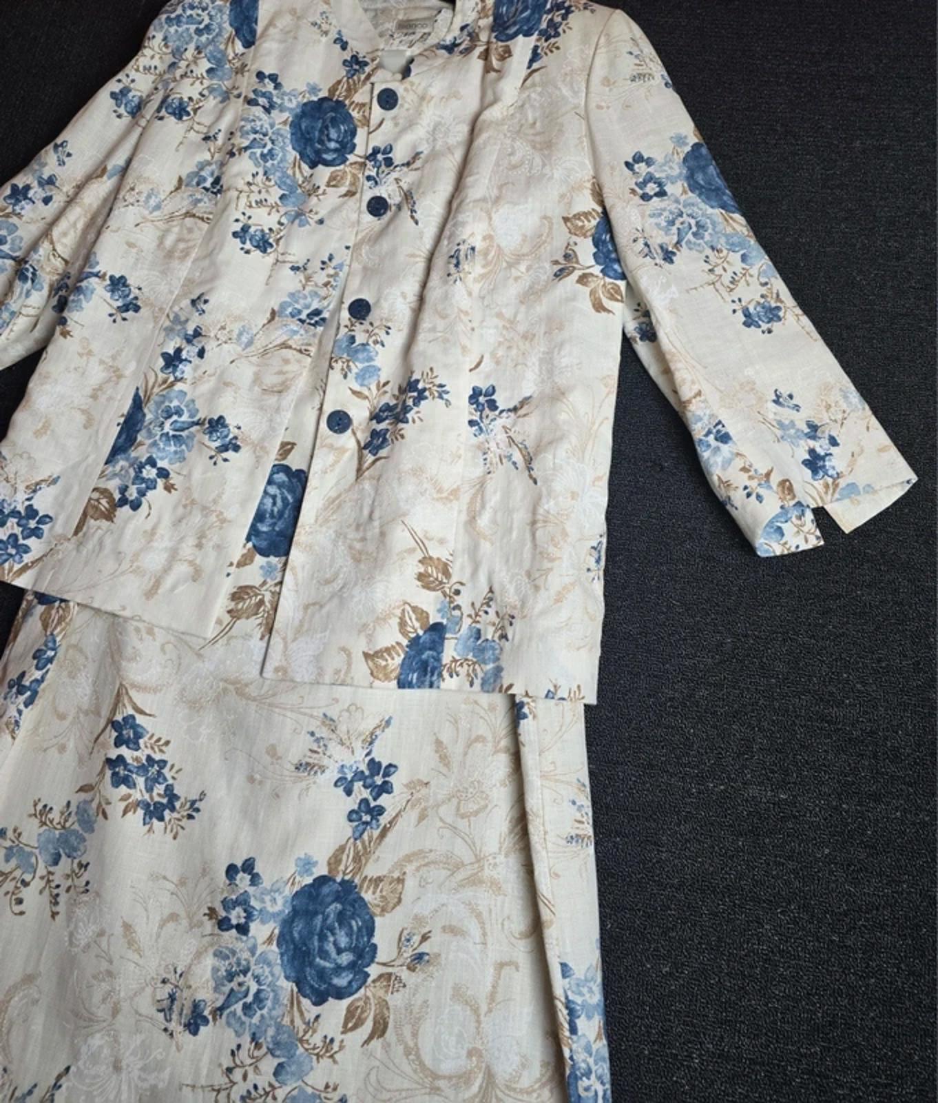 Bianco Mother of the Bride/Groom Cream Blue Floral Linen Dress & Blazer Set  Size 14