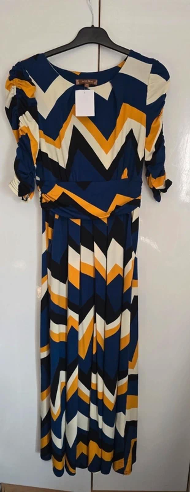 Jolie Moi blue black cream & orange patterned midi long dress 3/4 sleeves 10 NWT