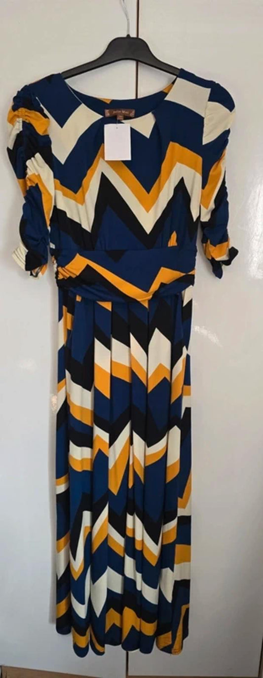 Jolie Moi blue black cream & orange patterned midi long dress 3/4 sleeves 10 NWT