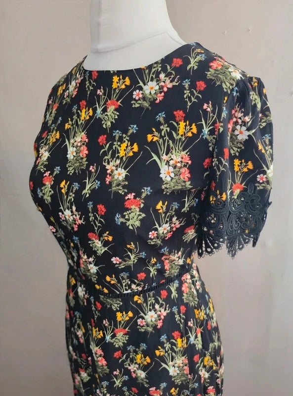 Oasis Black Floral Lace Detail Dress Size 10