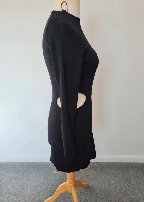 QED London Black Ribbed Bodycon Dress M/L Size 14 Long Sleeve Waist Cut Out
