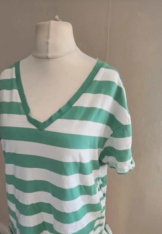 Next Green & White Striped V-Neck Boxy Cotton T-Shirt Size 14
