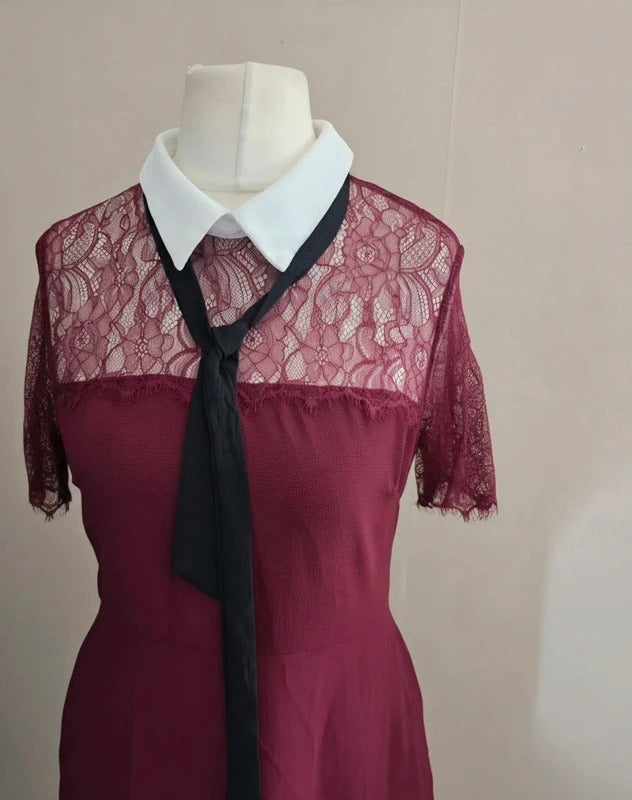 Blue Vanilla Burgundy Lace Sleeve White Collar Tie Midi Dress NWT Size 12