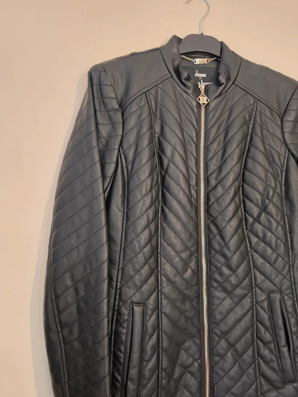 Dennis Basso Black Quilted Faux Leather Jacket Zip Up XS Size 8-10