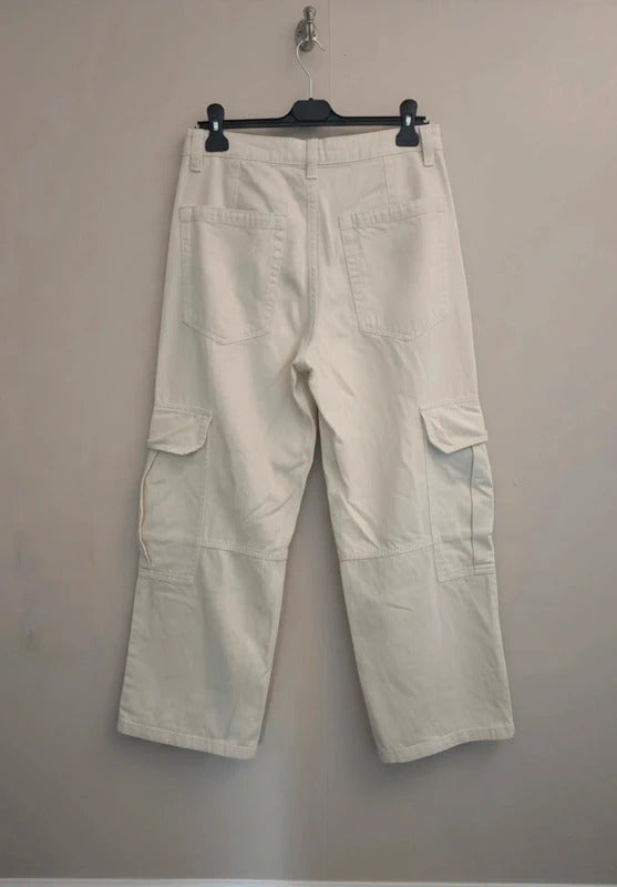 Bershka Cream High Waisted Cargo Flared Cotton Jeans Size EU 38 Size 10