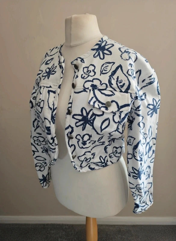 Winch White & Navy Floral Cropped Long Sleeve Cotton Denim Jacket Size 12
