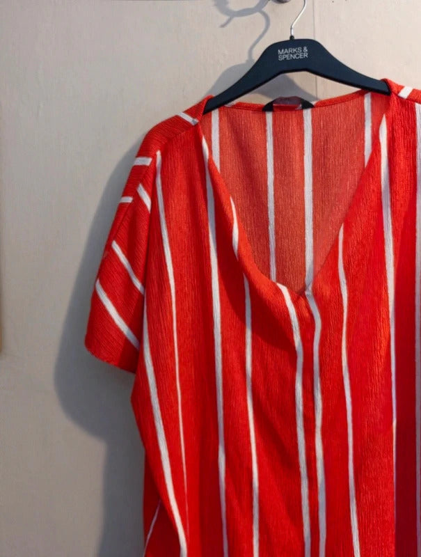 F&F Red & White Striped V-Neck Short Sleeve Relaxed Fit Tunic Top Size 20