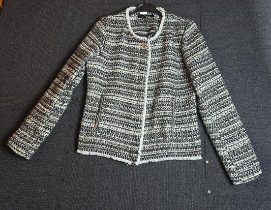 Next Tailoring Tweed Blazer Size 10 Black White Silver Frayed Trim Zip Front