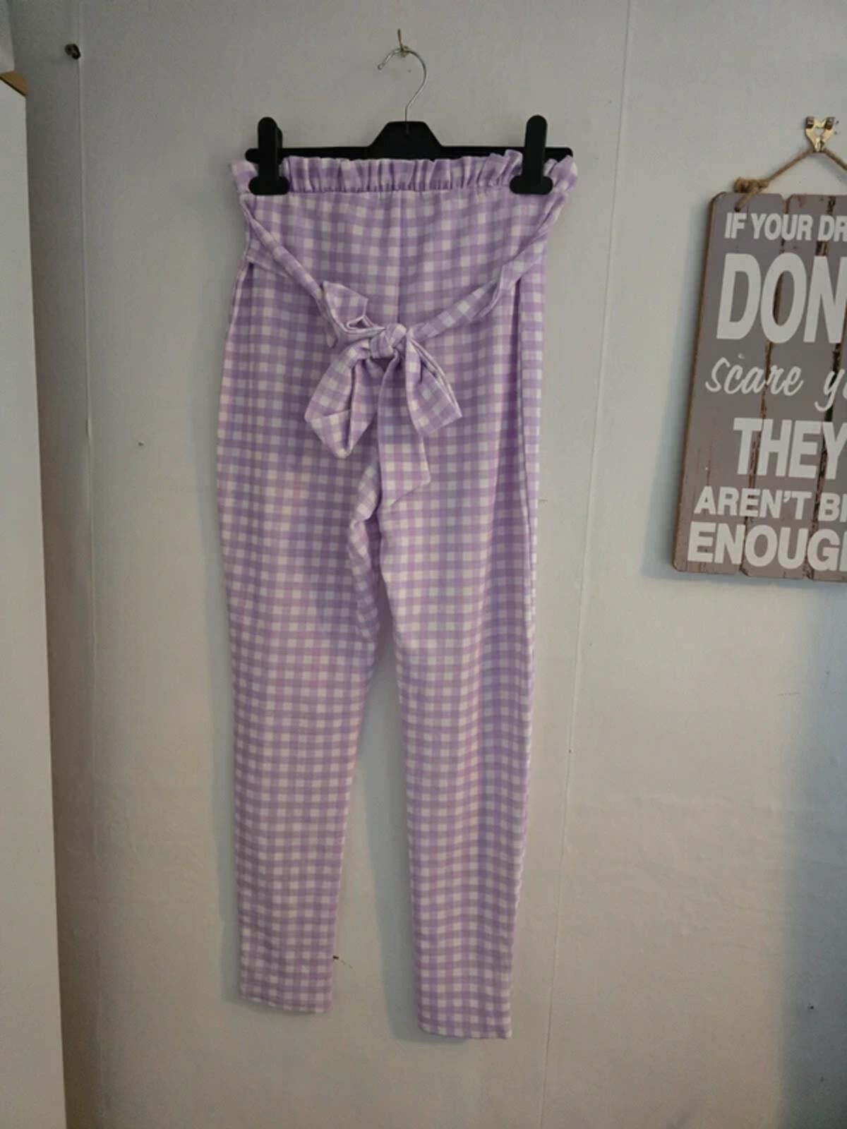 Boohoo Purple & White Gingham High-Waisted Skinny Trousers Size 12
