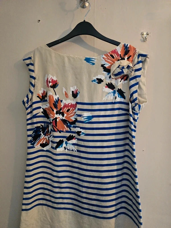 Derhy Cream & Blue Striped Floral 100% Silk Short Sleeved Knee Dress L Size 12