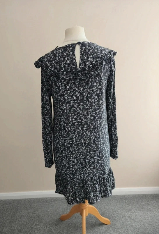 Matalan Women's Black, White & Pink Floral Long-Sleeve Frill Midi Dress Size 12