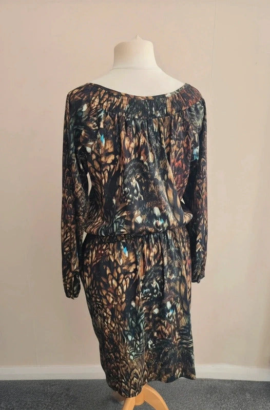Laura Ashley Black, Brown & Blue Feather Patterned KneeLength Dress Size 14