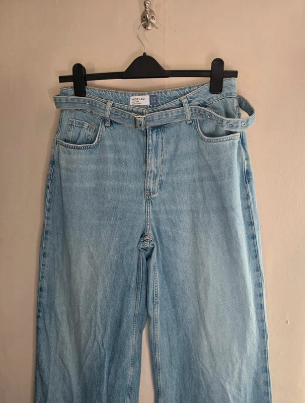 Next Light Blue High Rise Belted Wide Leg Jeans Size 12Reg Causal Retro