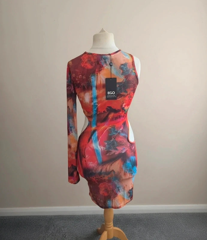 EGO Multicoloured Abstract Cut-Out Bodycon Mini Dress Size 12 One Sleeve BNWT