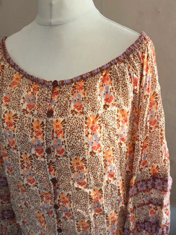 Next Orange & Brown Floral Tie-Hem Boho Blouse Size 14