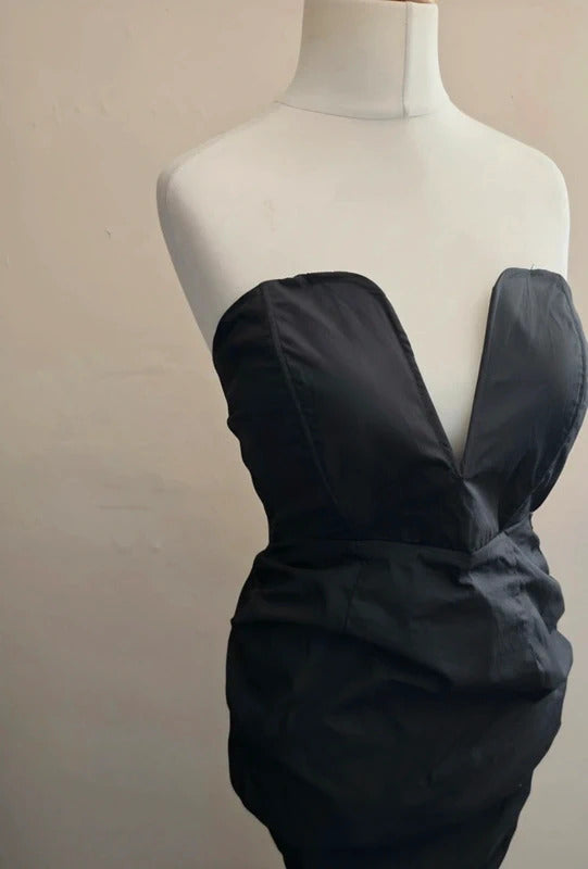 Boohoo Black Corset Sweetheart Plunge Ruched Side Split Maxi Dress NWT Size 12