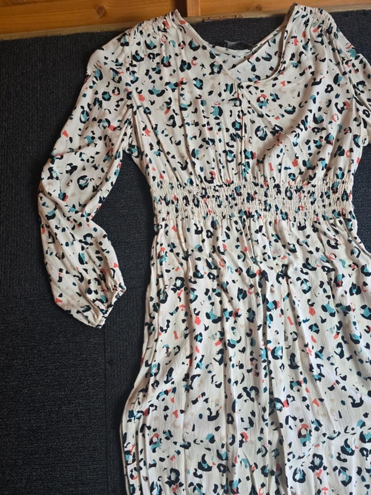 M&S Animal Print Midi Dress White Multicolour UK 12 Elasticated Waist