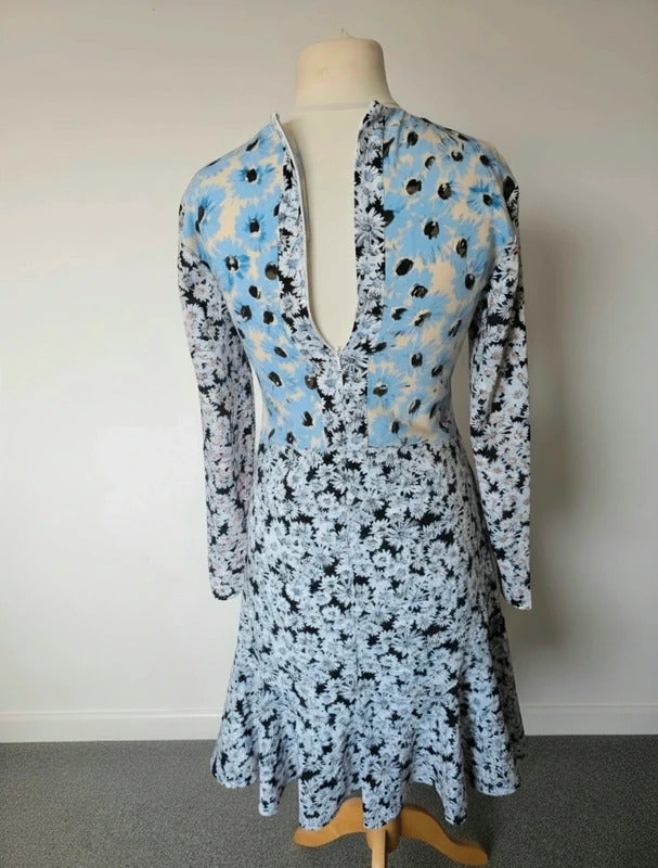 Warehouse Blue Black & White Floral Flared Dress Size 8