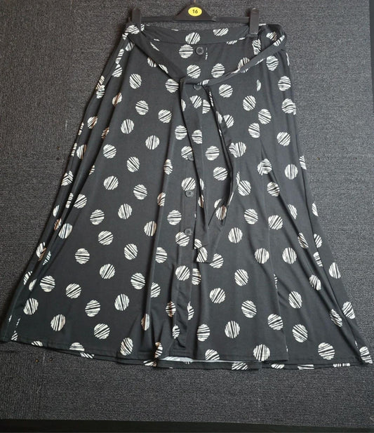 Bonmarché Black Polka Dot Midi Skirt Size 16 Tie Waist