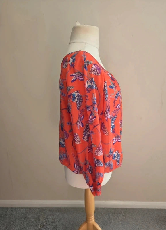 Wallis Petite Orange & Multicolour Butterfly Floral Sheer Blouse Med Size 12–14