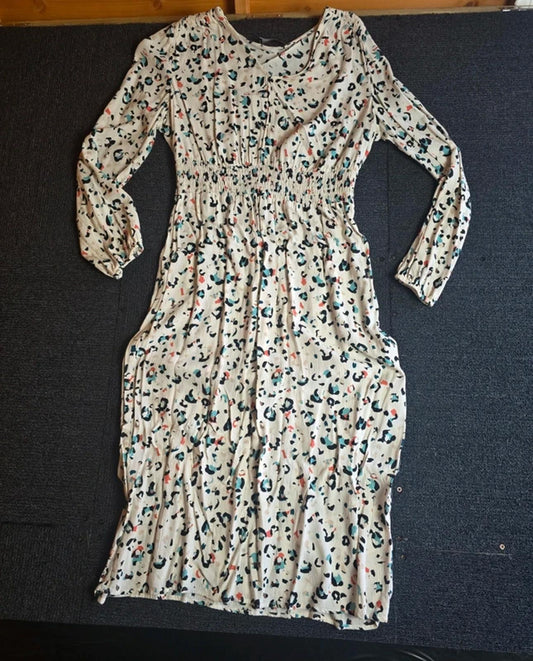 M&S Animal Print Midi Dress White Multicolour UK 12 Elasticated Waist