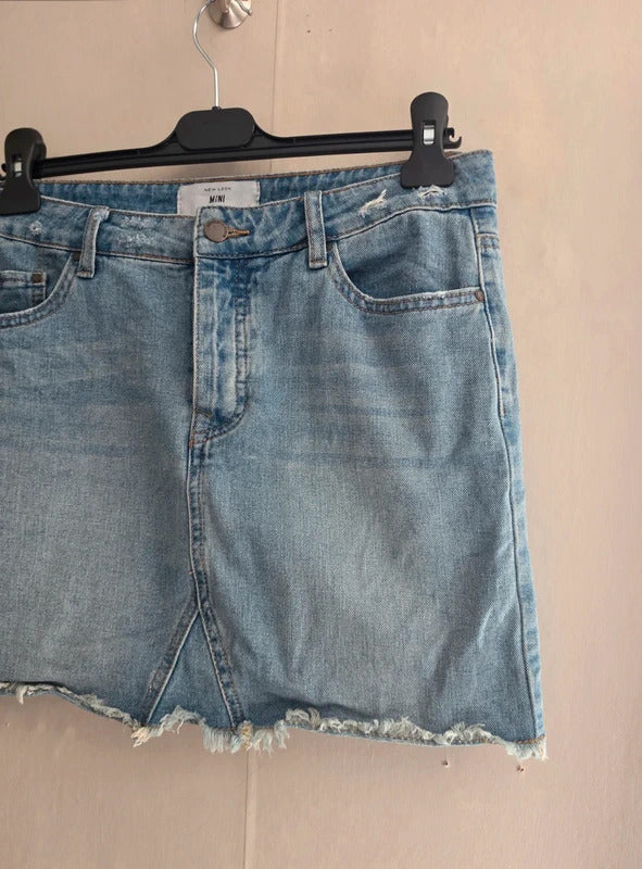 New Look Blue Denim Distressed Frayed Hem Mini Skirt Size 10