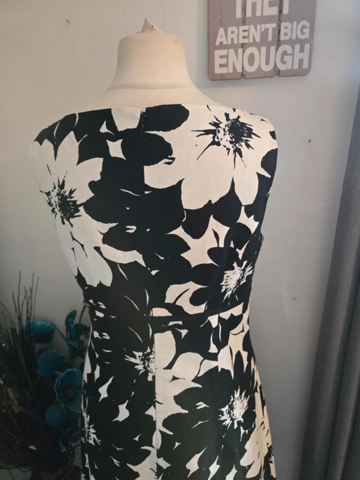 Laura Ashley Monochrome Cotton-Linen Floral Midi Dress Size 14