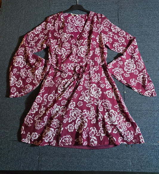 Brave Soul Burgundy Floral Boho Dress UK Size 10/12 Belted Flared Sleeves
