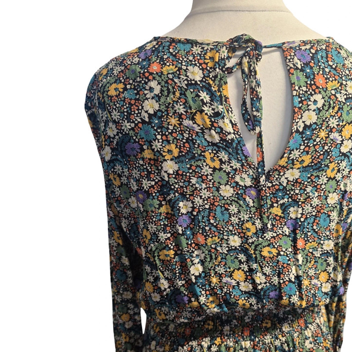 Next Floral Midi Dress Multicolour Size 10 Smocked Waist & Tie Back