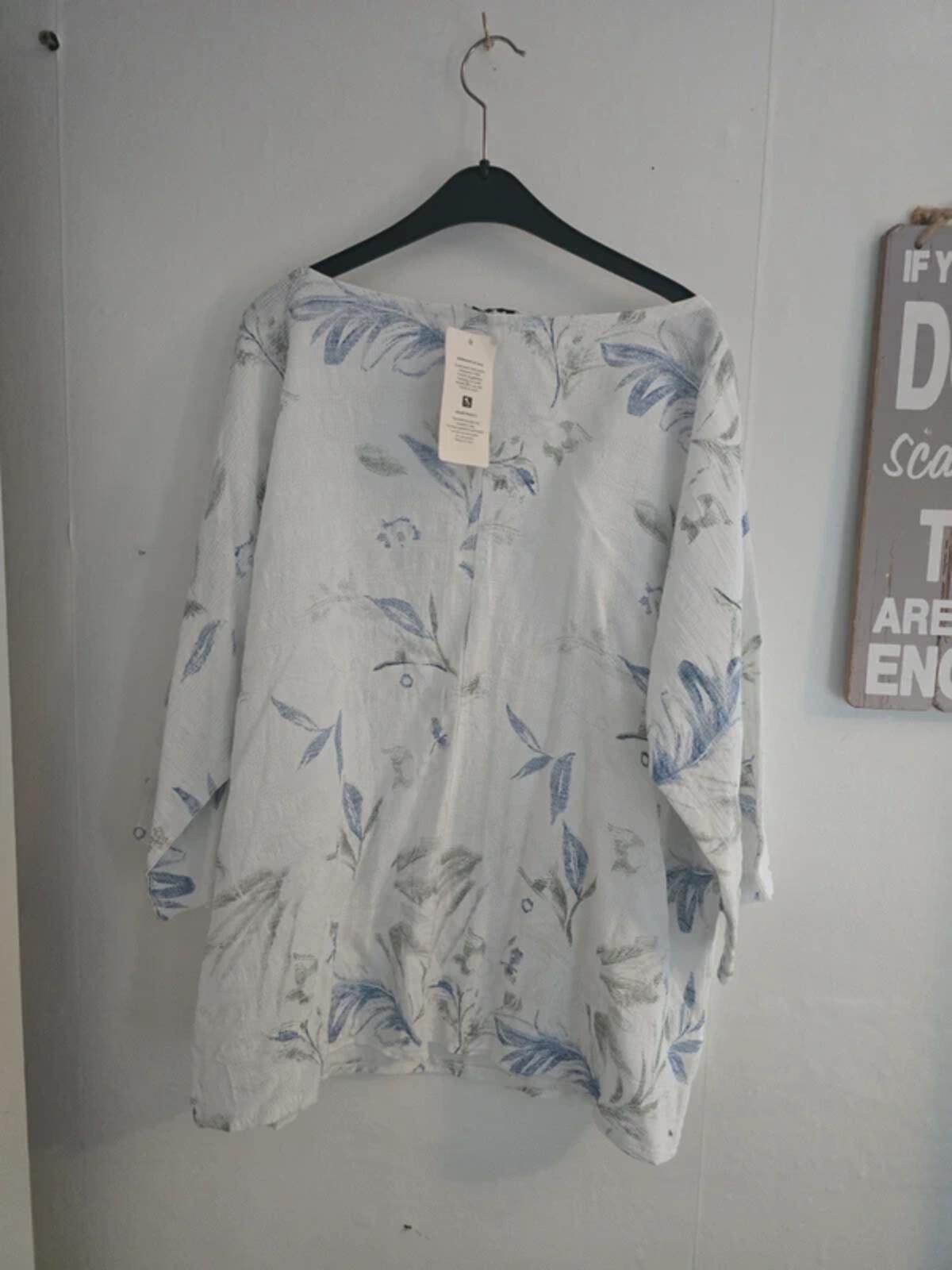 Made in Italy Oversized Floral Blue & Grey Cotton Blouse One Size NWT