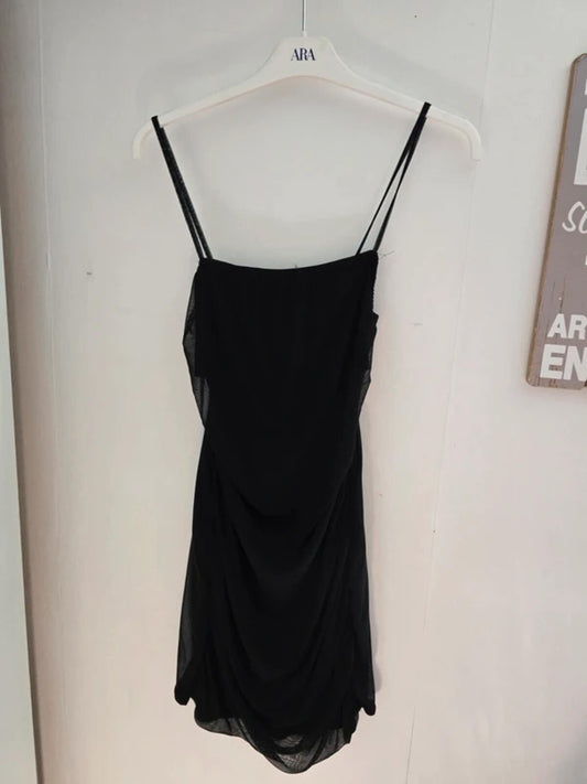 Femme Luxe Black Ruched Sheer Panel Bodycon Mini Dress Size 12