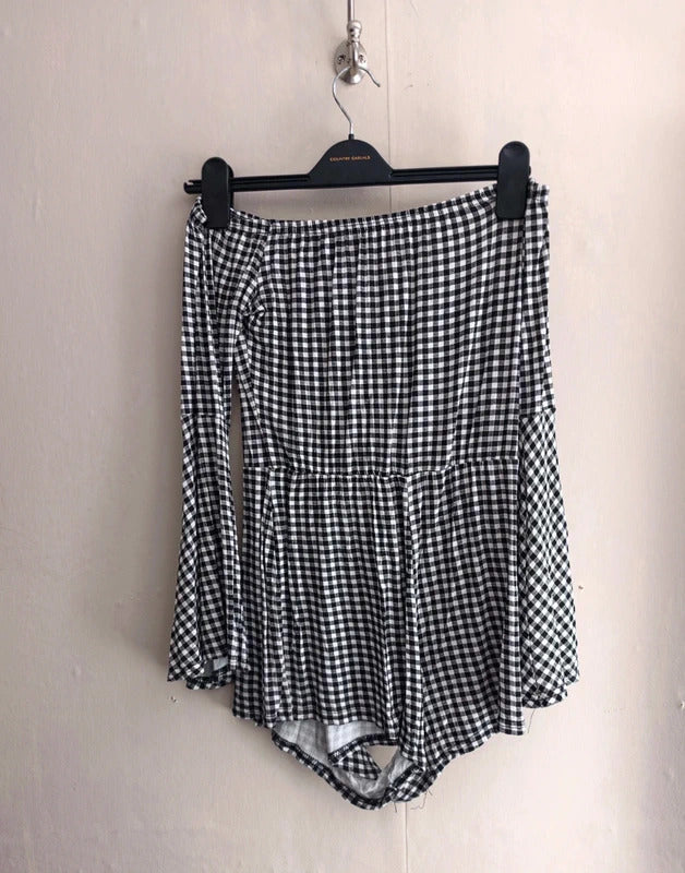 Boohoo Black & White Gingham Off The Shoulder Flared Sleeve Playsuit Size 12