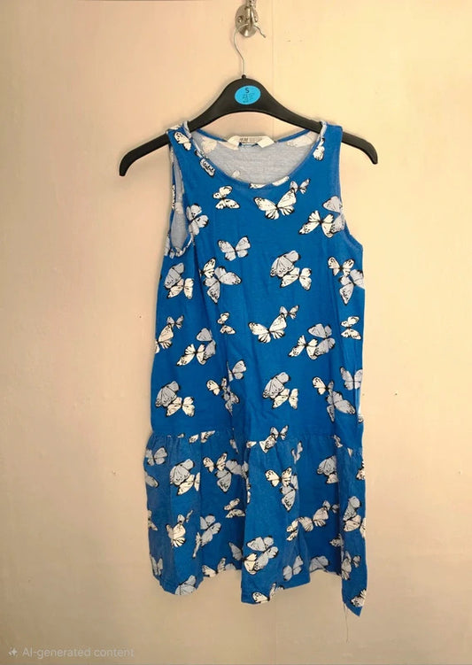 H&M Girls Royal Blue & White Butterfly Print Sleeveless Drop-Waist Dress Age 8-10 Years