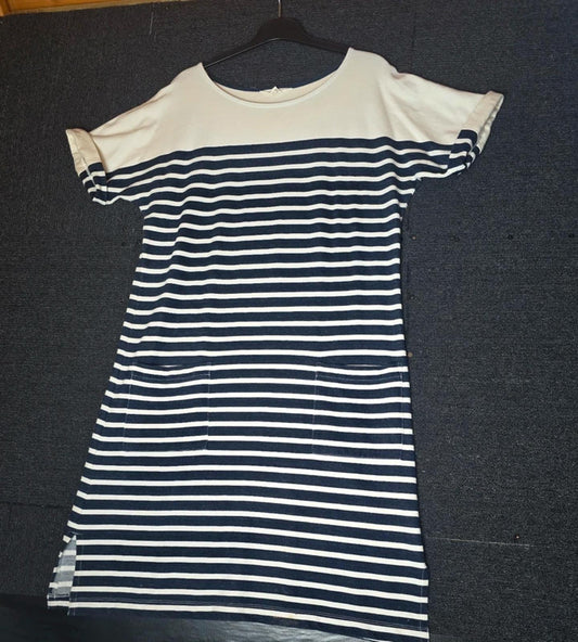 White Stuff Navy & White Stripe Cotton Midi Dress – Size 12