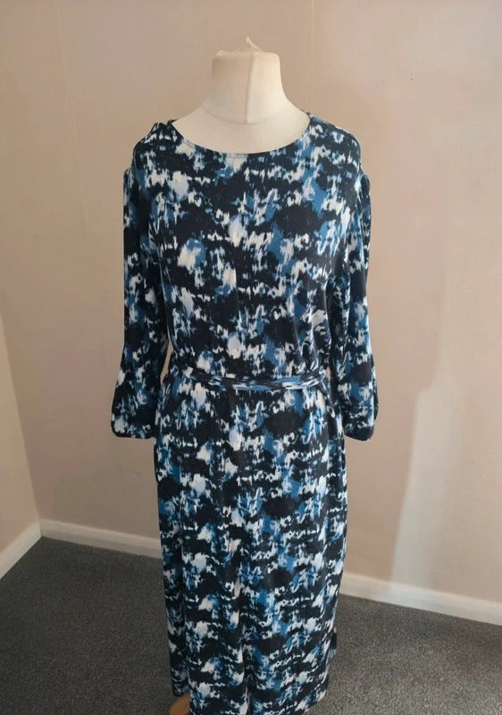Primark Women's Blue, Black & White Patterned Belted Midi Dress Size 16