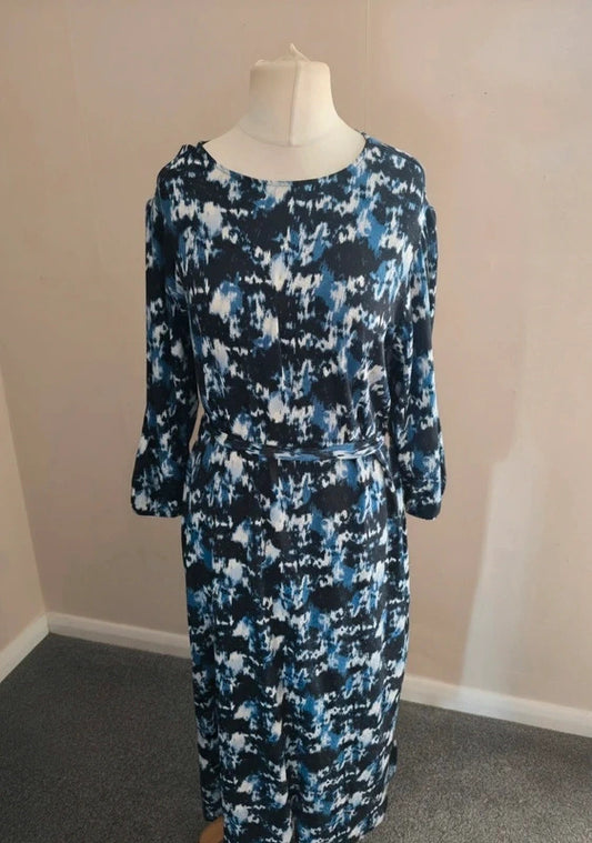 Primark Women's Blue, Black & White Patterned Belted Midi Dress Size 16