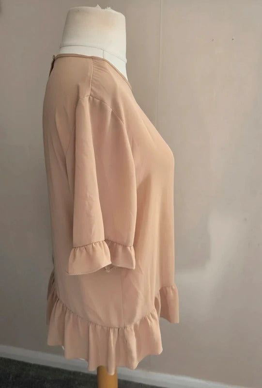 Boohoo Beige Frill Detail Short Sleeve Button Back Blouse Size 16