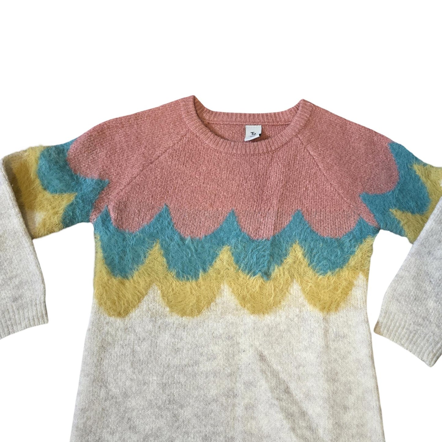 Tu Girls Knitted Jumper Dress – Colour Block Scallop Pattern – Age 2–3