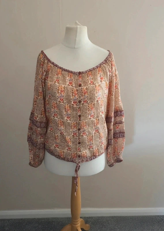 Next Orange & Brown Floral Tie-Hem Boho Blouse Size 14