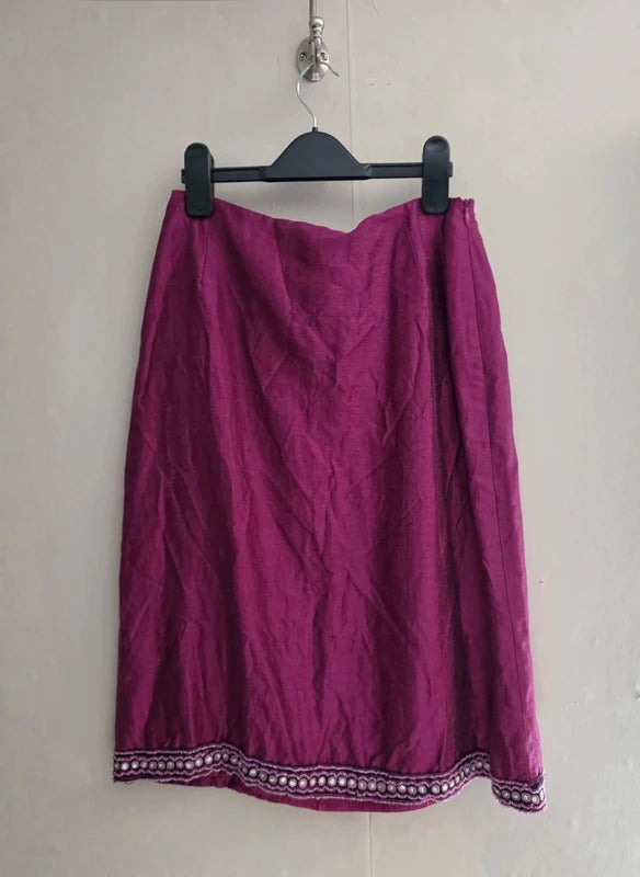 Vintage Betty Barclay Purple Beaded Hem Linen Blend Midi Skirt Size 10