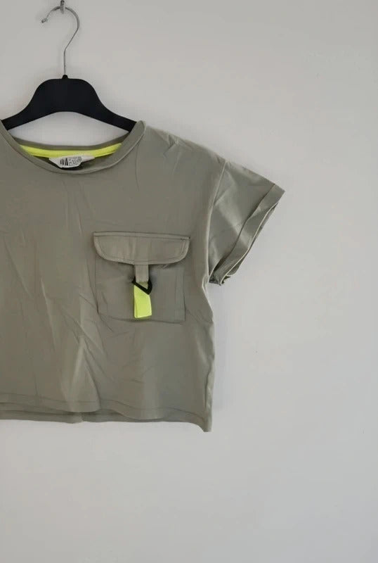 H&M Girls Khaki Green Cropped Short-Sleeved T-Shirt Size Age 10-12 Years