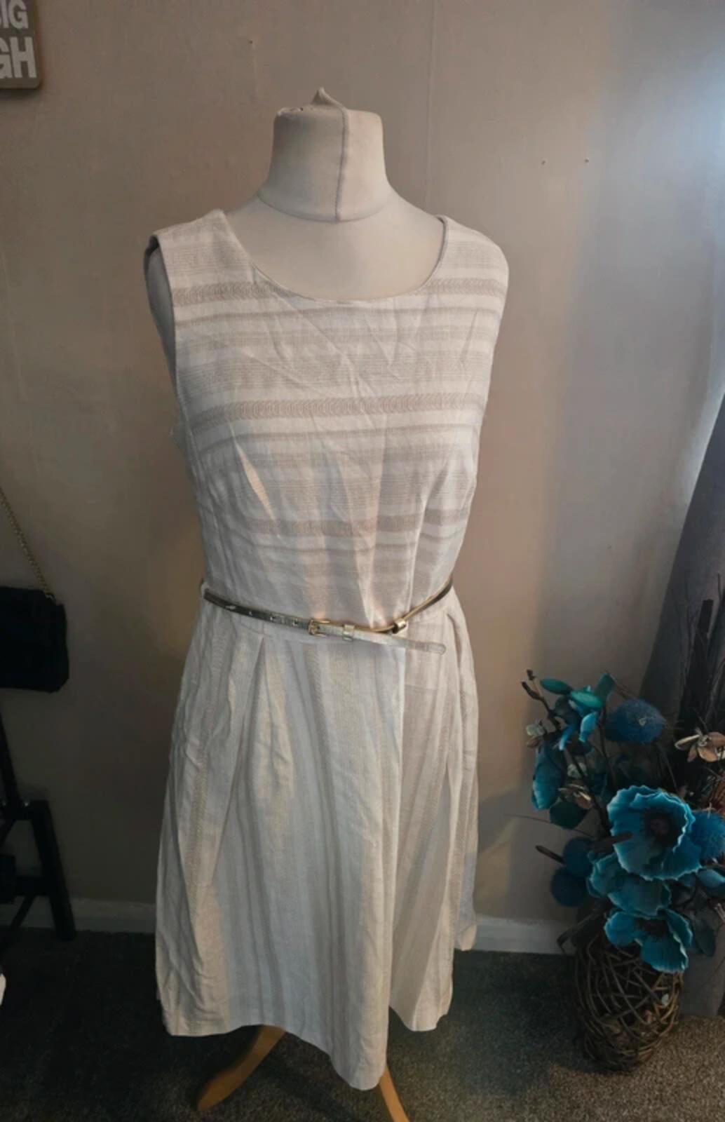 TU Beige & Cream Striped Sleeveless Knee Length Dress Gold Belt Size 14 NWT