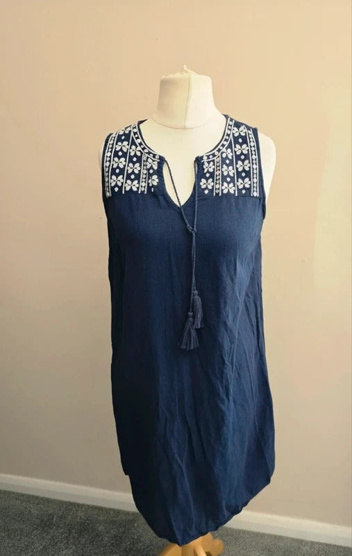 Gap Navy Embroidered Linen Blend Tunic Dress Size S Petite Size 8–10