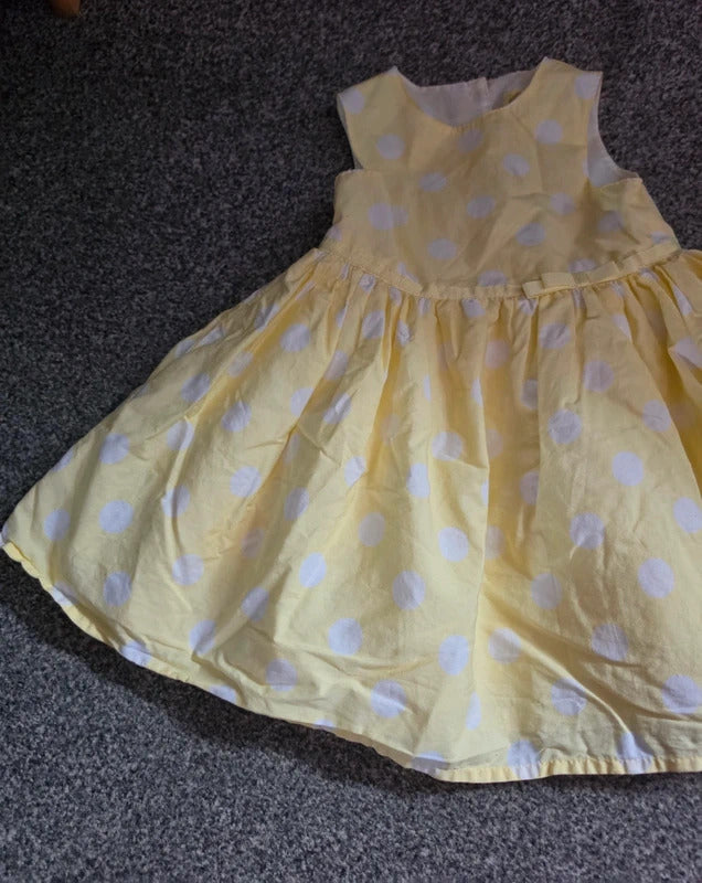 Primark Baby Girls Pastel Yellow & White Polka Dot Lined Sleeveless Dress 9-12 Months