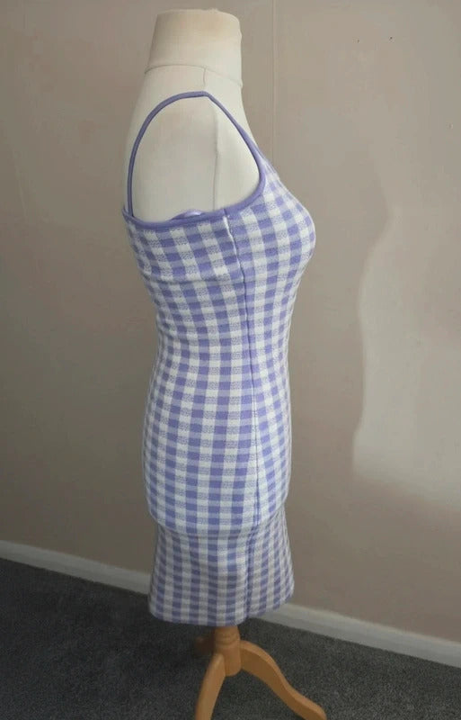 Primark Lilac & White Gingham Sleeveless Bodycon Mini Dress Size 10-12 (M)