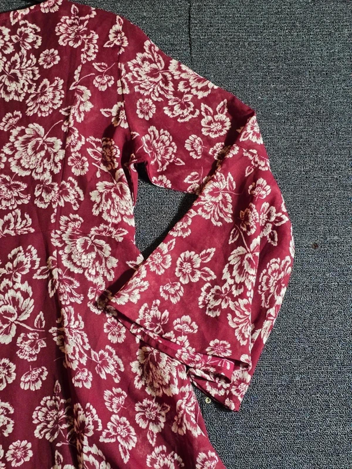 Brave Soul Burgundy Floral Boho Dress UK Size 10/12 Belted Flared Sleeves